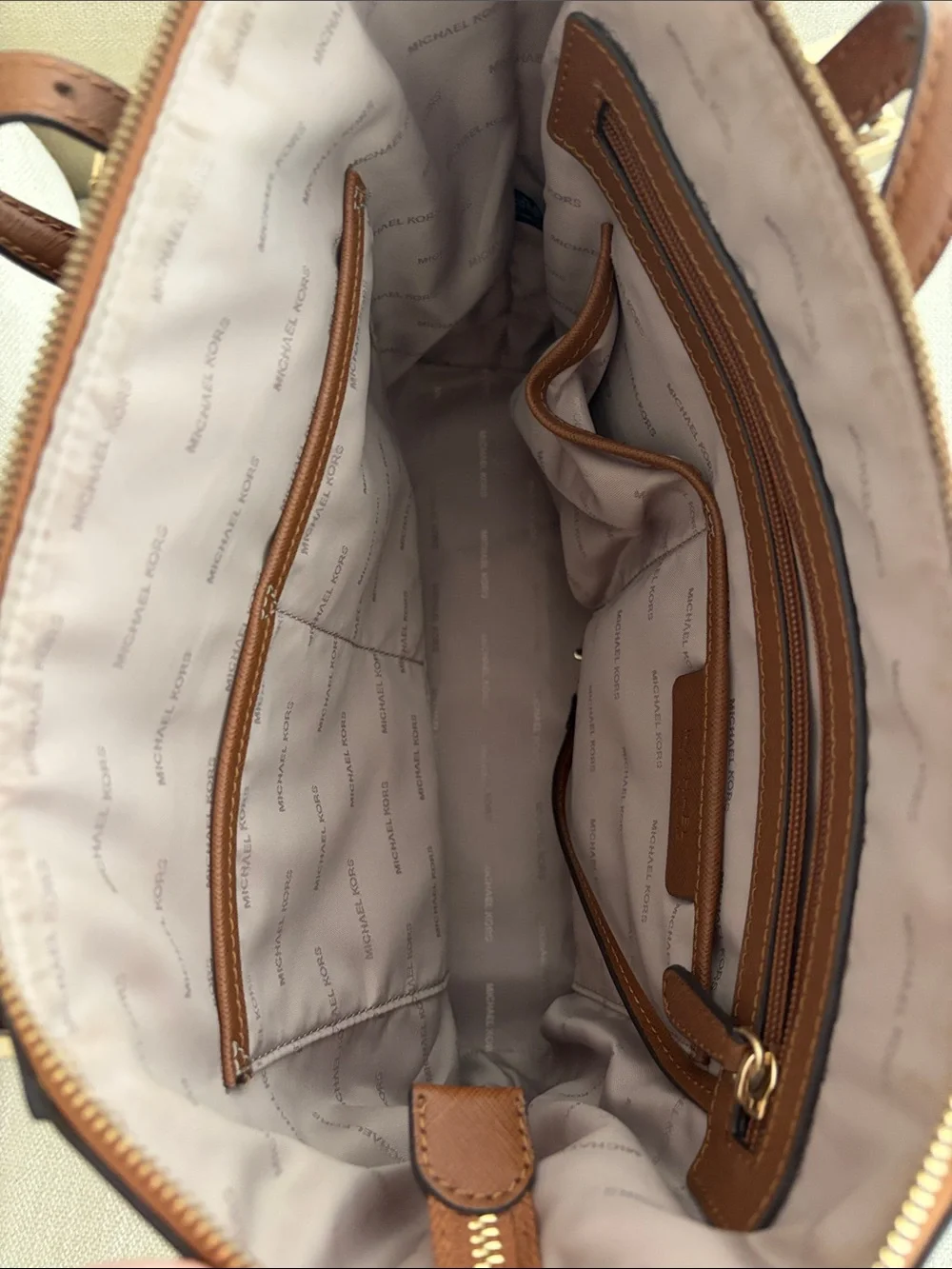 Michael Kors Tan Saffiano Leather Tote with Gold MK Charm